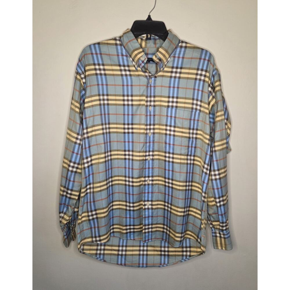 Vintage Burberry London Nova Check Yellow Mens Long Sleeve Button Down Medium
